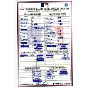 Giants vs. Dodgers 7 17 2005 Game Used Lineup Card    Game Used 