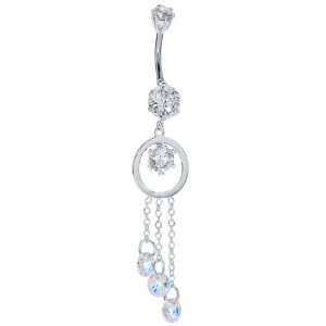  .925 Sterling Silver CZ AB Crystal Drops Belly Button Ring 
