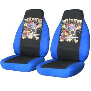 Two Blue and black Loyal to None seat covers for a 2012 Chevy Cruze 