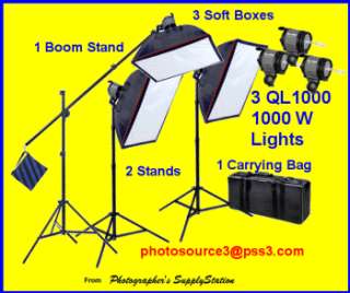 3000 W Halogen Continuous 3 Softbox Lighting Kit w/Boom  