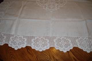 Linen Antique Tablecloth Framed with 5 Crochet Edge  