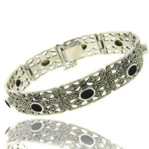    Sterling Silver Genuine Black Onyx Marcasite Bracelet: Jewelry