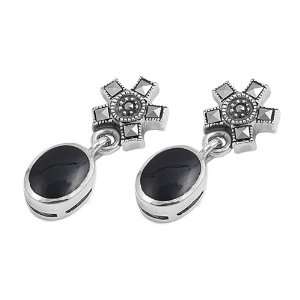  Marcasite Earrings with Black Onyx Oval   28 mm Jewelry