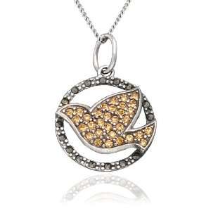   Sterling Silver Marcasite Champagne Crystal Dove Pendant, 18 Jewelry
