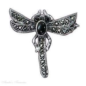   : Sterling Silver Black Onyx Marcasite Dragonfly Brooch Pin: Jewelry