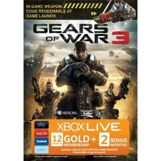 GEARS OF WAR 3 XBOX LIVE 12 + 2 MONTHS + EXCLUSIVE IN GAME WEAPON 