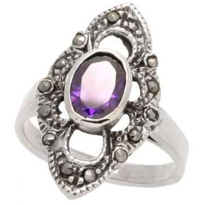   Marcasite Floral Ring, w/ Oval Cut Amethyst CZ, 7/8 (23mm) wide, size
