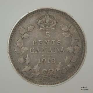 1913 Fine George V Canada Silver 5 Cents Canadian Coin  