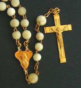 1950 VINTAGE CATHOLIC ROSARY CLEAR BONE  GOLD PLATED CROSS   NEW OLD 