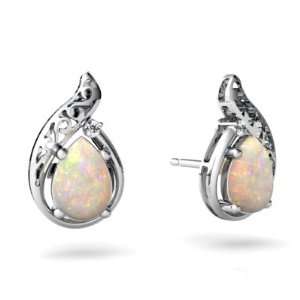    14K White Gold Pear Genuine Opal Filligree Earrings: Jewelry