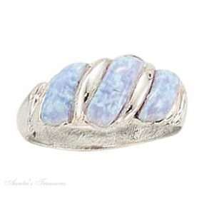   Silver Size 10 Triple Synthetic Blue Opal Stone Shrimp Ring Jewelry
