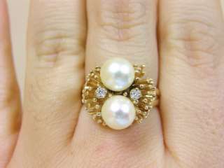 Vintage Genuine Diamond & Pearl Solid 14K Gold Ring  