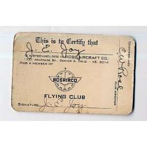  Rose Aircraft Company Stockholder & Flying Club Card 