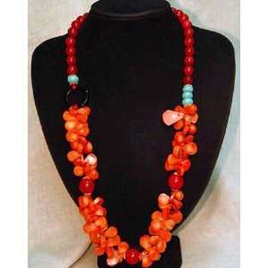  Rare Red Sea Coral, Jade & Black Agate Necklace 