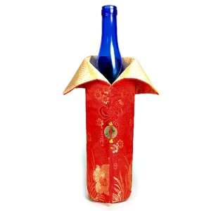SILK WINE BOTTLE COVER Bag Chinese Brocade Fabric Gift NEW Red Gold 