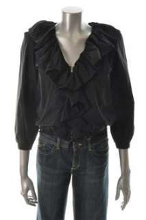 Juicy Couture NEW Zip Front Jacket Top Black Knit Ruffled Misses Shirt 