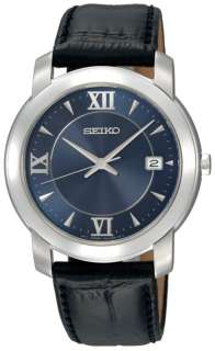 SEIKO MENS WATCH STAINLESS STEEL CASE LEATHER STRAP BLUE DIAL DATE 
