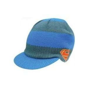   Super Hero Blue and Grey Striped Knit Hat Billed Beanie: Toys & Games