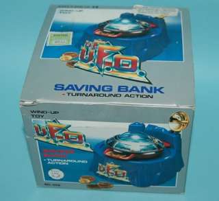 UFO SPACE SHIP SAVING BANK WIND UP ACTION TOY BOXED 1970 MADE IN CHINA 