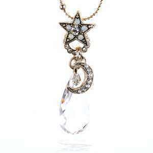 Amaro Necklace   Moon and Star Amulet in Crystal and Silver Tones 