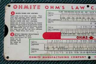   1946 Ohmite Ohms Law Calculator slide chart watts volts amps  
