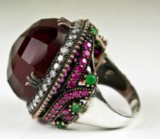 Art Deco 50.43ctw Ruby Emerald & Sapphire Rose Gold/925 Cocktail Ring 