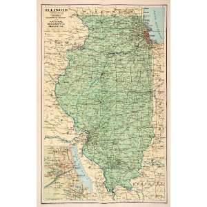  Lithograph Antique Map Illinois Cartography Chicago Peoria Kankakee 