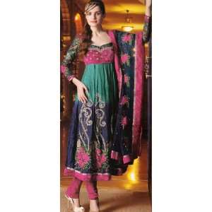 Tri Color Designer Anarkali Suit with Crewel Embroidered Flowers and 