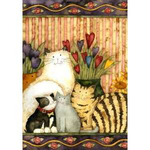  Cats in the Parlor Large Flag Flowers Colorful Hearts 
