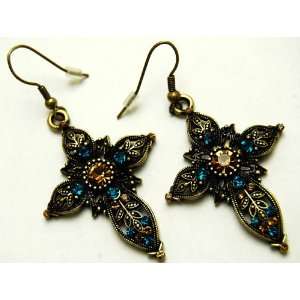 Gothic Victorian Antique Design Crystal Cross Earrings