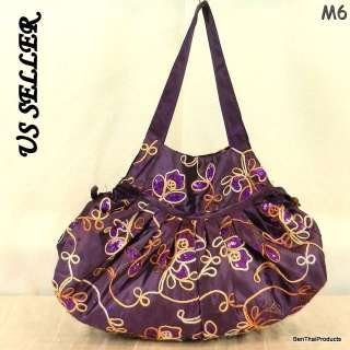 Silk Hippie Hobo Sequin Floral Bag Purse Tote Purple M6  