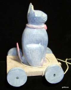 Primitive Cat Pull Toy 6 Tall Wood Hand Painted  