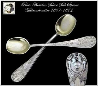 Pair: Antique Austrian Salt Spoon Set Mascarons Palmettos  