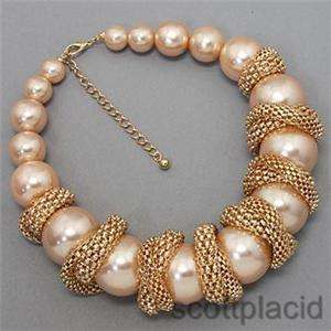 Chunky Pink Faux Pearl Gold Tone Statement Costume Jewelry Earring 