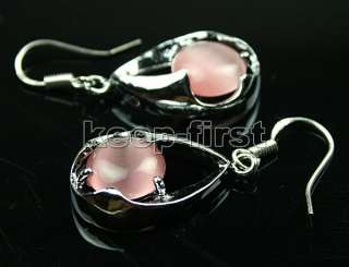 Pretty! Pink Opal Dangle Earrings Silver Hook #775  