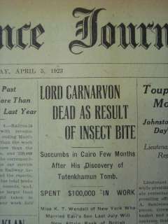   CURSE TUTANKHAMUN LORD CARNARVON DEAD INSECT BITE NEWSPAPER APRIL 1923