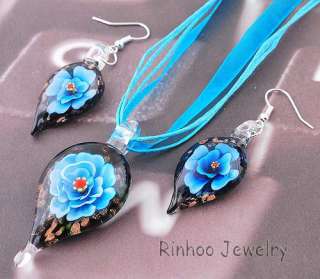Pretty Teardrop Lampwork Glass Beads Necklace Earring Set Flower 