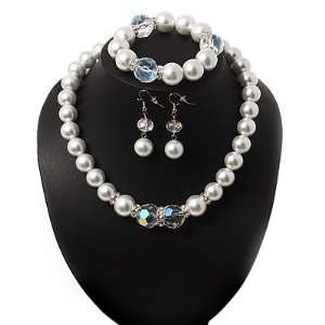 Chunky White Glass Pearl With Diamante Ring & Clear Crystal Necklace 