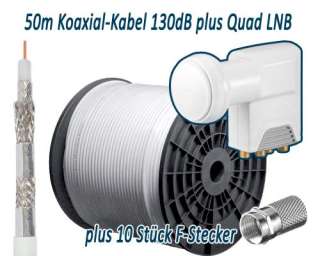 50m Koaxialkabel SAT Kabel 130dB + Quad LNB + 10 F Stecker  
