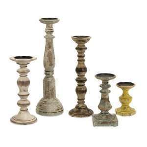  Set of 5 Kanan Wood Candleholders in Distressed Finishes 
