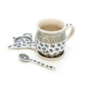  Polish Pottery Blue Rose Mug & Saucer Gift Set: Kitchen 
