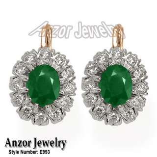 Russian Jewelry Genuine Emerald & Diamond Earrings 14k Solid Two Tone 