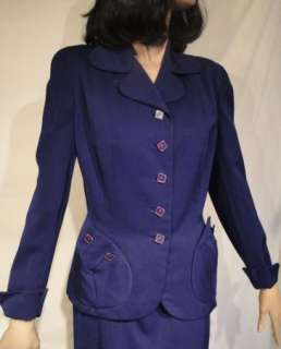 40s Vintage Navy Blue Tailored Gabardine Suit B40  