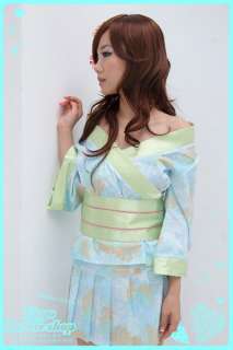 Japan Cosplay Blue Green Flora Japanese Geisha Modern Kimono Costume 