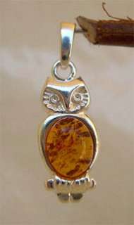 BALTIC HONEY, CHERRY or GREEN AMBER & STERLING SILVER OWL PENDANT 