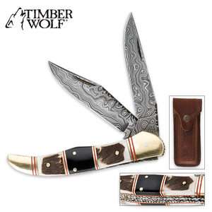 Timber Wolf Filework Hunter Damascus Folding Knife  