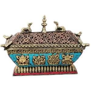  Tibetan Copper and Brass Turquoise Incense Burner