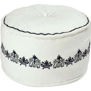   Floral Scroll Jet Black and White Round Pouf Ottoman