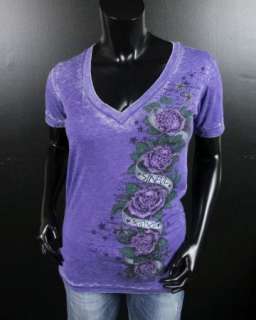  Affliction Sinful T Shirt BEATRIZ w Stoned Roses in Purple  