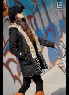 D7002 Japan Korea Fashion Women Ladies New Black Faux Fur Hood Winter 